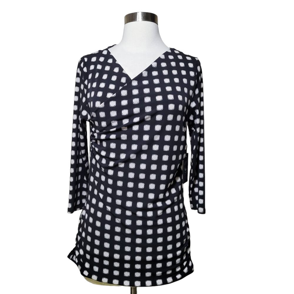 Vince Camuto Women Black White Faux Wrap Mod Top Geometric Print Stretch Medium